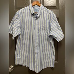 Men’s LL Bean Trim Fit Short Sleeve Shirt Blue Striped Sz XL